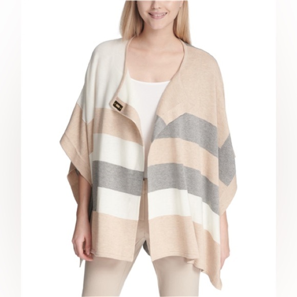 Calvin Klein Colorblock Poncho Creme grey  and Ivory neutral tones gold clasp OS - Picture 1 of 16